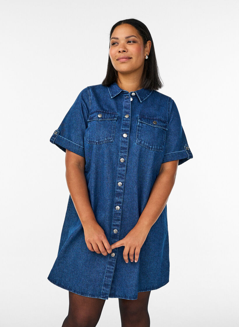 Denimkjole med korte ermer og knapper, Bl&aring;, Model image number 0