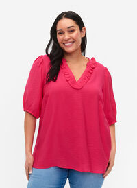 Viskosebluse med puffermer og volanger, Bright Rose, Model