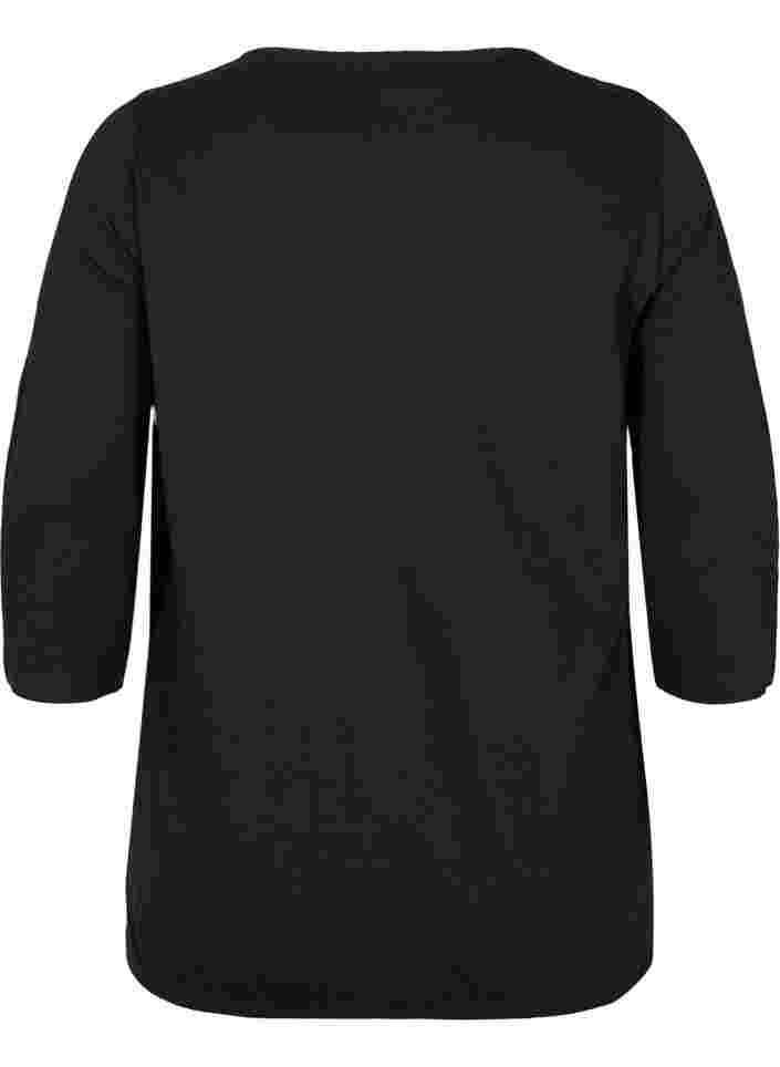 Ensfarget bluse med 3/4-ermer i bomull, Black, Packshot image number 1