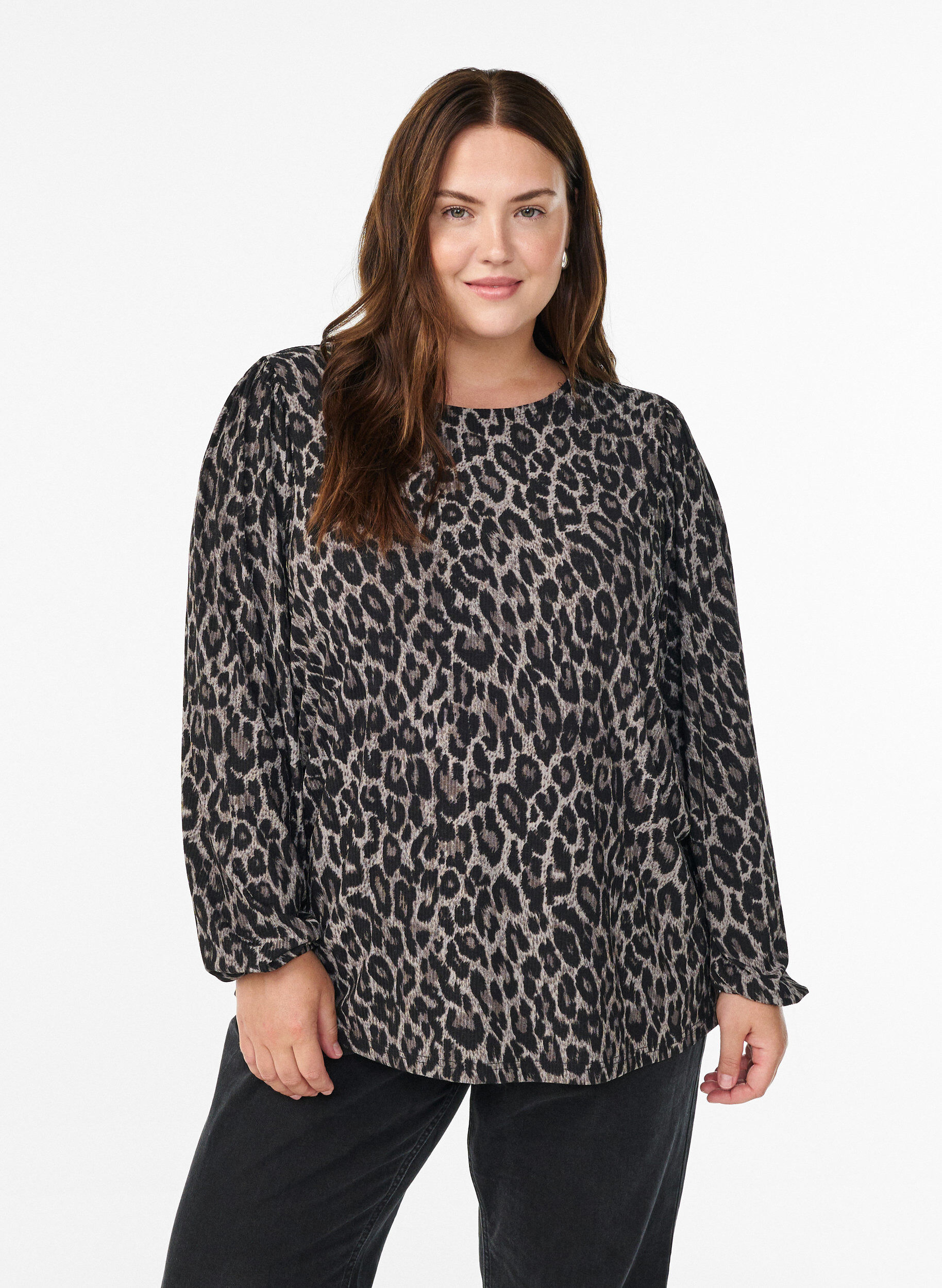 ZizziBluse med lange ermer og leopardm&oslash;nster, Gr&aring;, Model image number 0