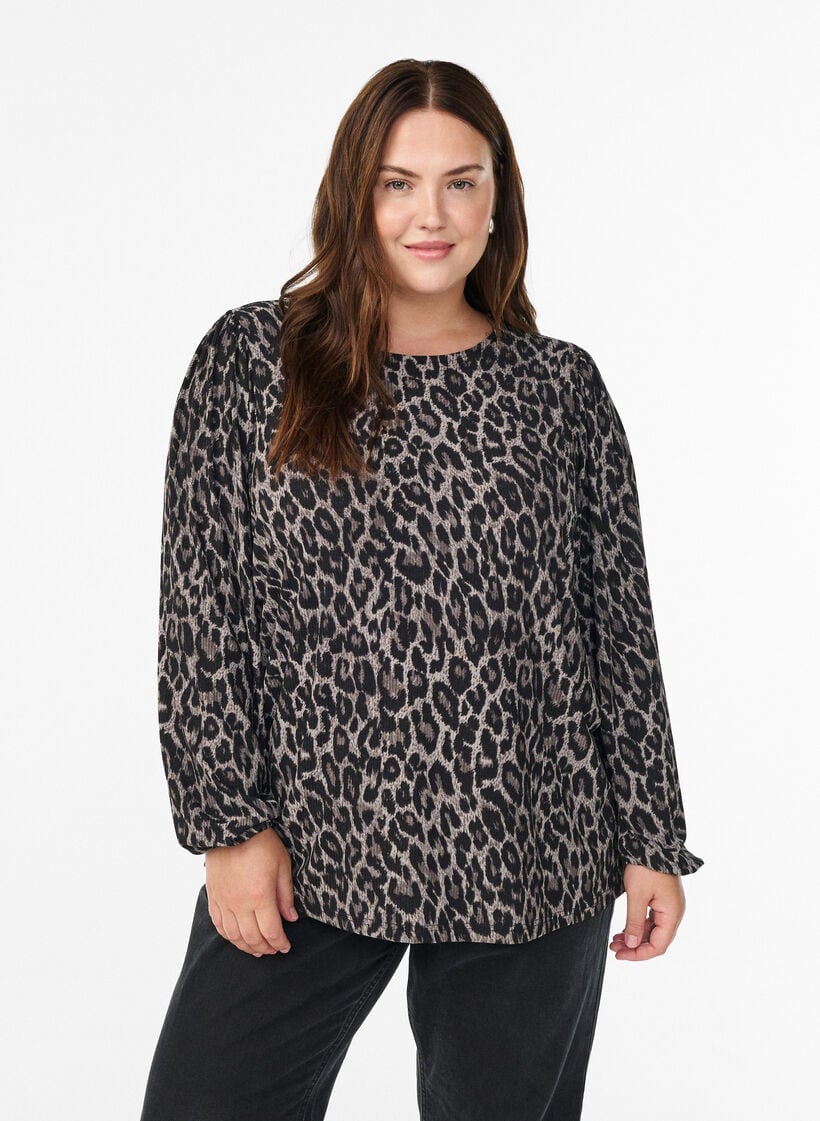 Bluse med lange ermer og leopardm&oslash;nster, Gr&aring;, Model image number 0