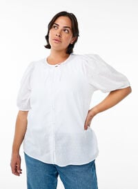Skjortebluse med knytebånd og prikkete tekstur, Hvit Skjortebluse med knytebånd og prikkete tekstur, Hvit, Model