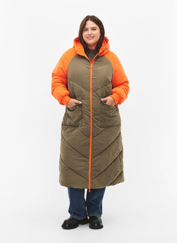 Lang fargeblokket vinterjakke med hette, Bungee Cord Comb, Model image number 3
