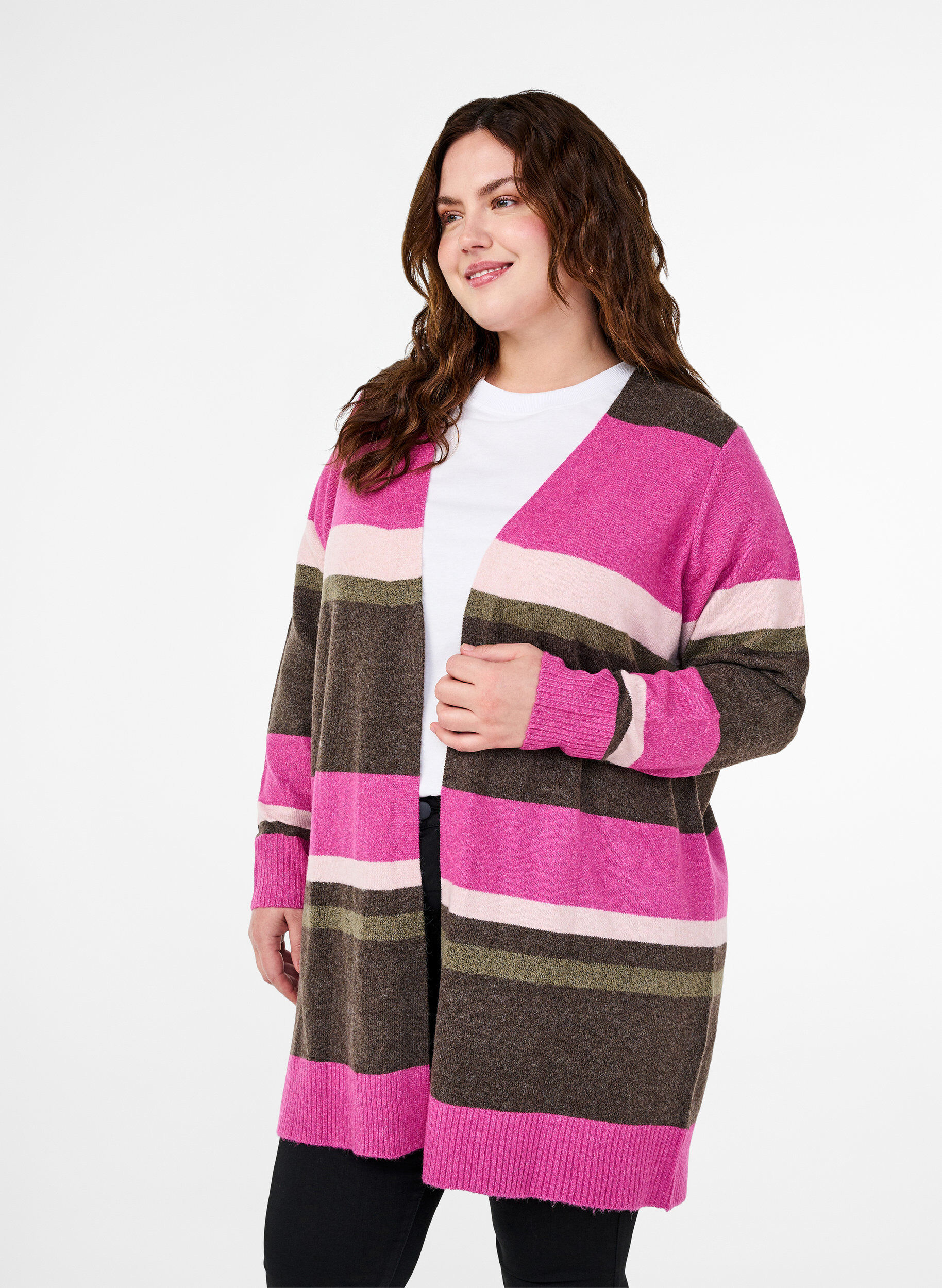 Zizzi Lang strikkecardigan med brede striper, Rosa, Model image number 0