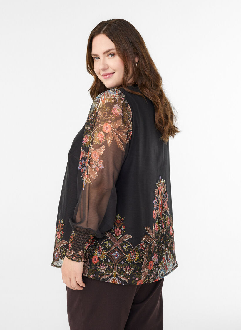 Bluse med paisley-trykk og gjennomsiktige ermer, Svart, Model image number 2