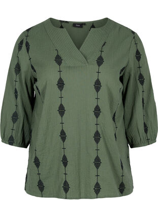 Mønstrete bluse med V-hals og 3/4-ermer, Thyme, Packshot image number 0