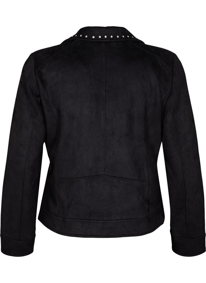 Imitert semsket skinn bikerjakke med nagler, Black, Packshot