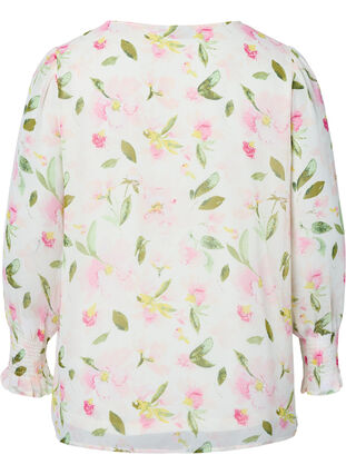 Blomstrete bluse med lange ermer og V-hals, White/Pink Flower, Packshot image number 1