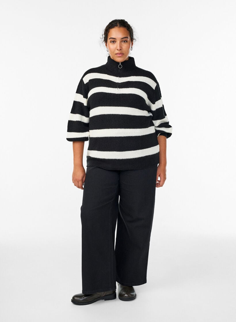 Strikket genser med h&oslash;y hals og glidel&aring;s, Svart, Model image number 1