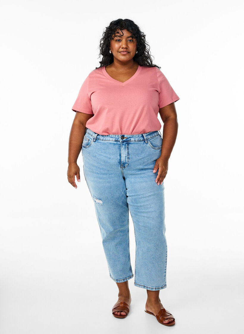 Enkel T-skjorte i bomull med V-hals, Rosa, Model image number 1