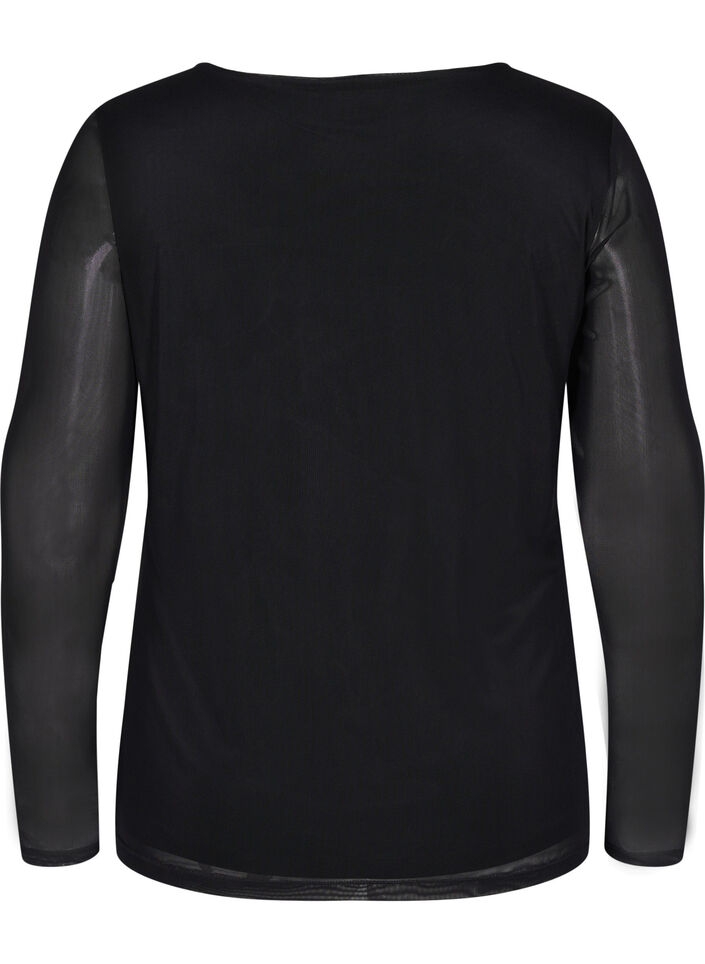 Tettsittende bluse i mesh med V-hals, Black, Packshot image number 1