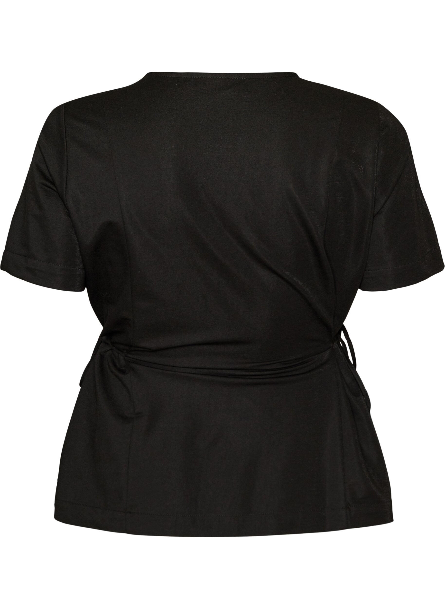 ZizziBluse i bomullsblanding med V-hals og knyteb&aring;nd, Svart, Packshot image number 1