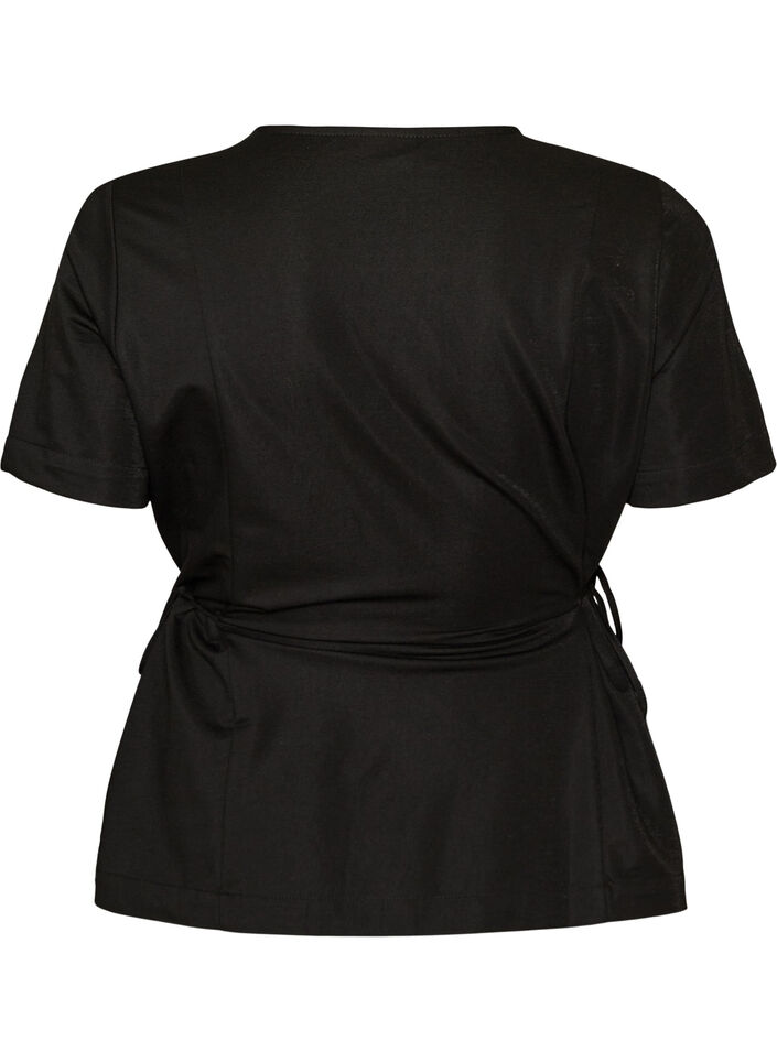 Bluse i bomullsblanding med V-hals og knyteb&aring;nd, Svart, Packshot image number 1