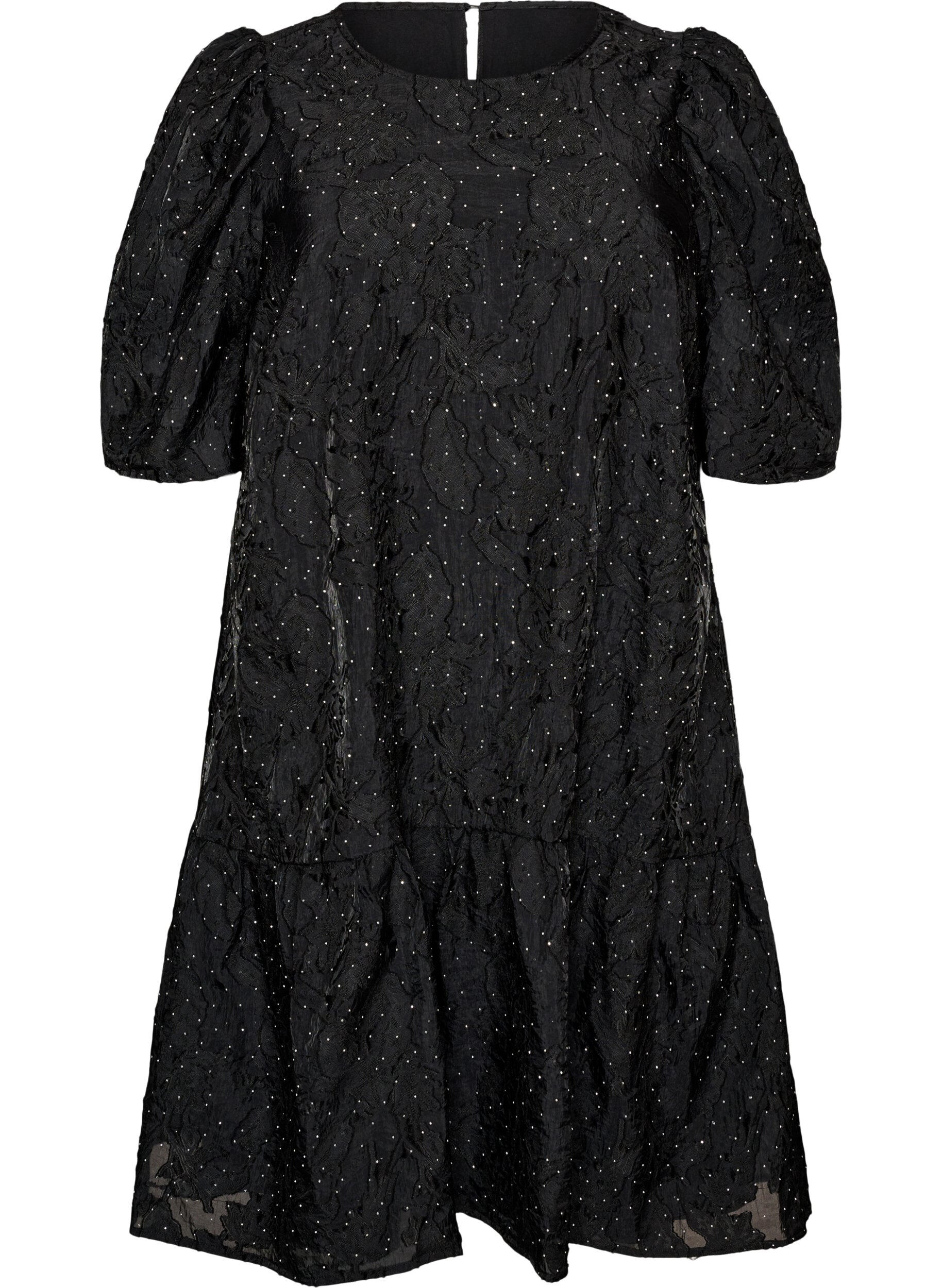 Jacquard kjole med glitrende detaljer og puff ermer