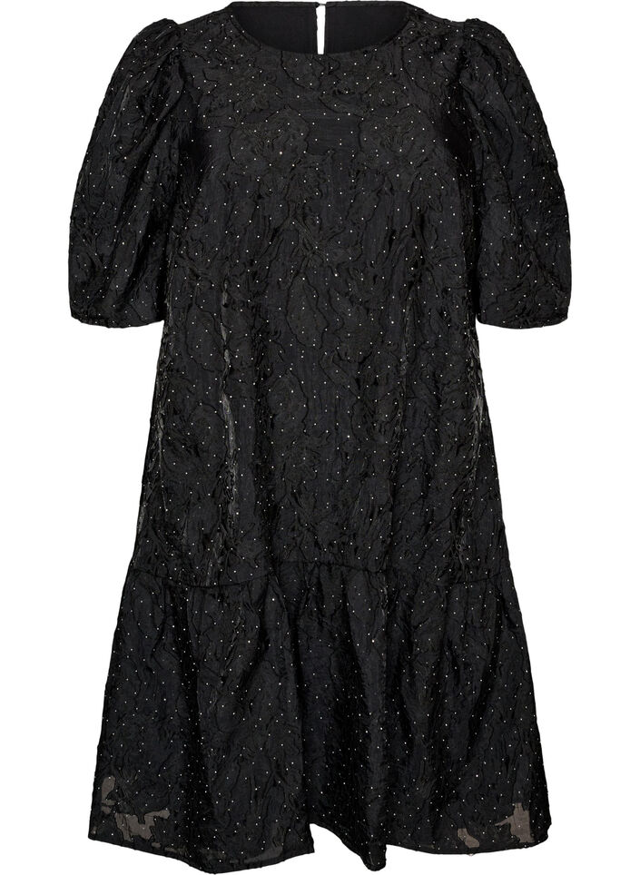 Jacquard kjole med glitrende detaljer og puff ermer, Svart, Packshot image number 0