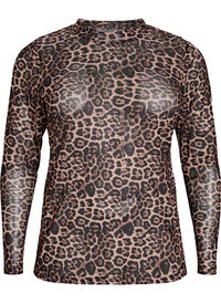 Bluse i mesh med leopardmønster, Brun Bluse i mesh med leopardmønster