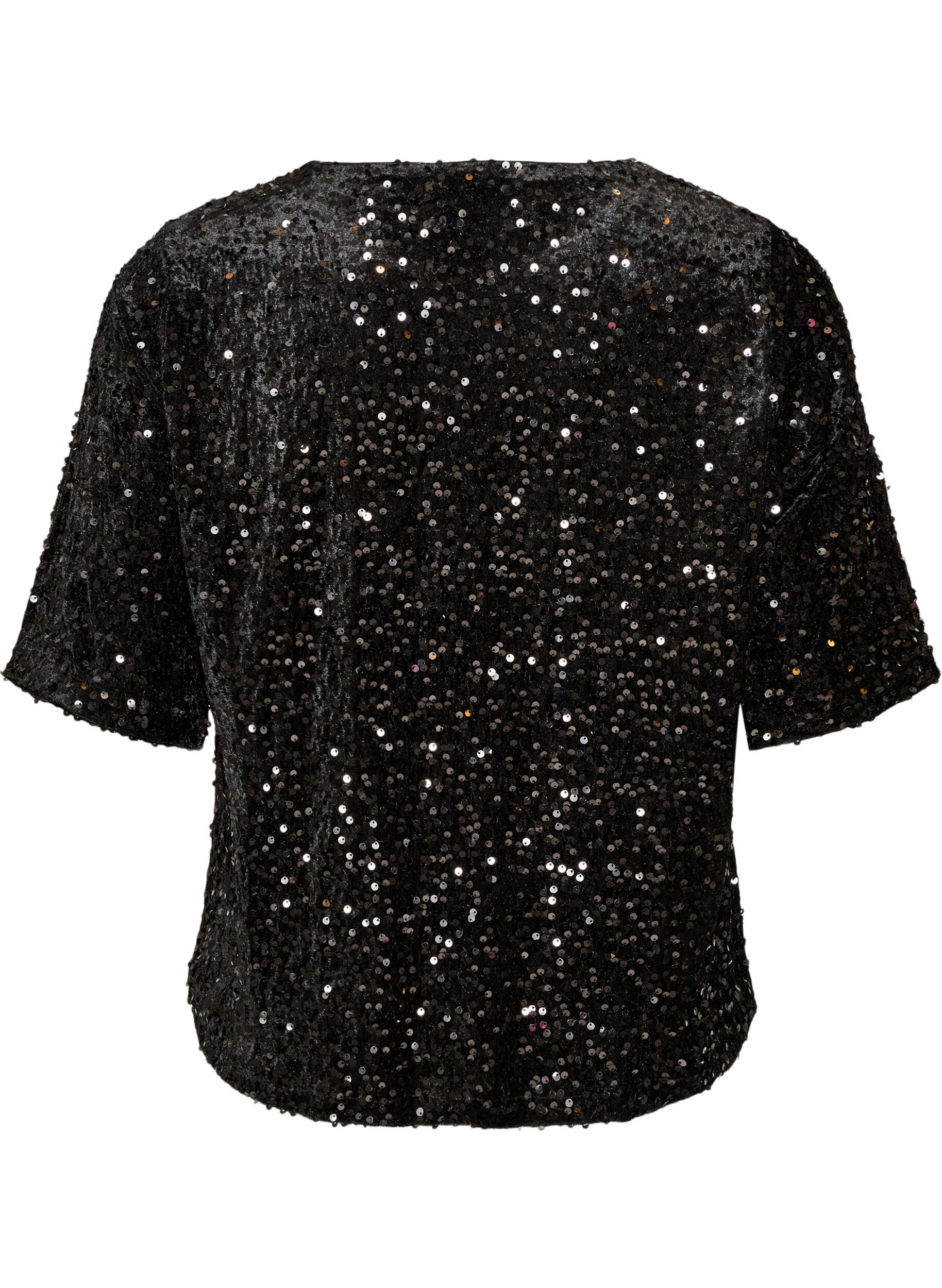 ZizziPaljettbluse med albuelange ermer, Svart, Packshot image number 1