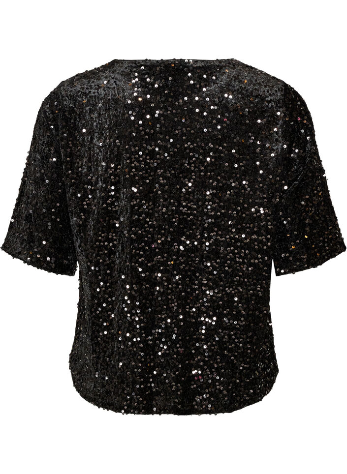 Paljettbluse med albuelange ermer, Svart, Packshot image number 1