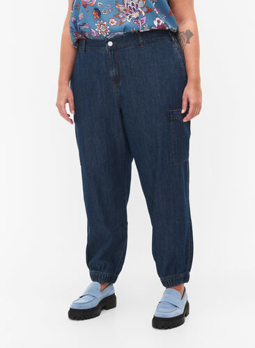 Cargojeans med lommer på siden, Dark blue denim, Model image number 2