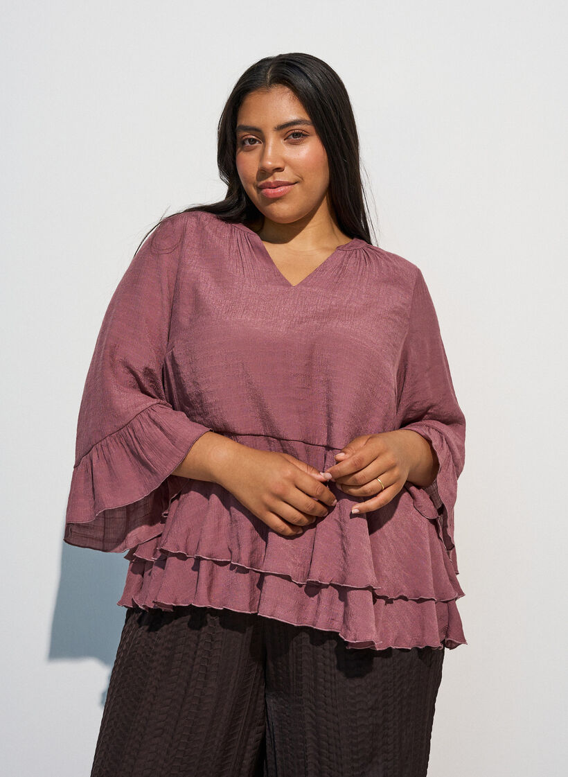 Bluse med 3/4-ermer og volangdetaljer, Rosa, Model image number 0