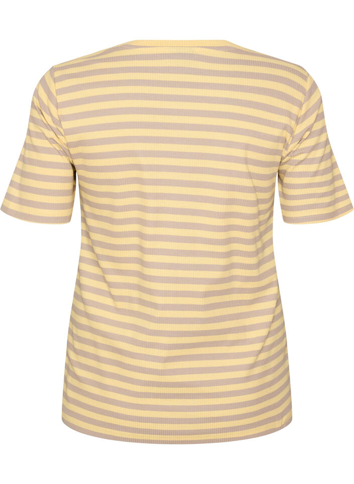T-shirt med striper og ribbestrikket struktur, Gul, Packshot image number 1