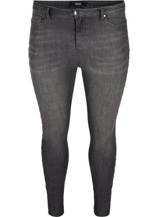 Amy jeans med høyt liv og nagler langs sidesømmene, Dark Grey Denim, Packshot image number 0