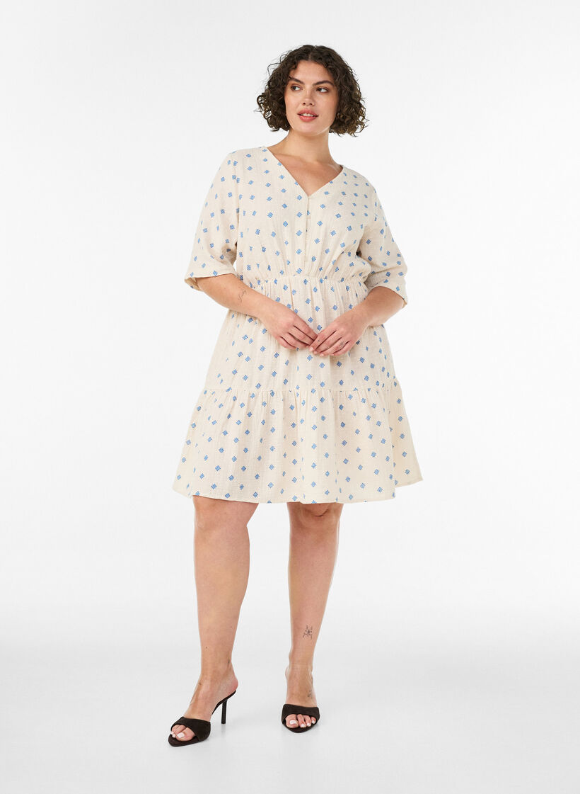 Trykt bomullskjole med elastisk midje, Beige, Model image number 1