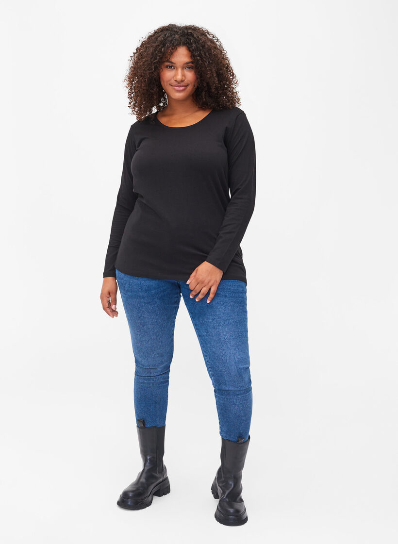 Ensfarget basisbluse i bomull, Solid Black, Model image number 2