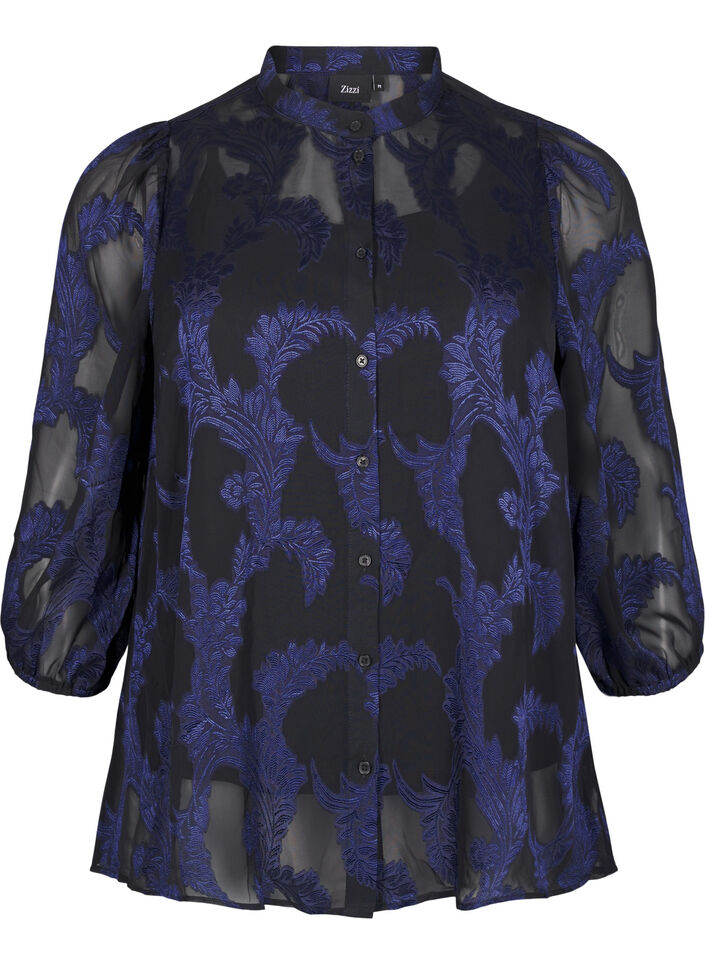 Chiffonbluse med jacquardmønster, Evening Blue, Packshot image number 0