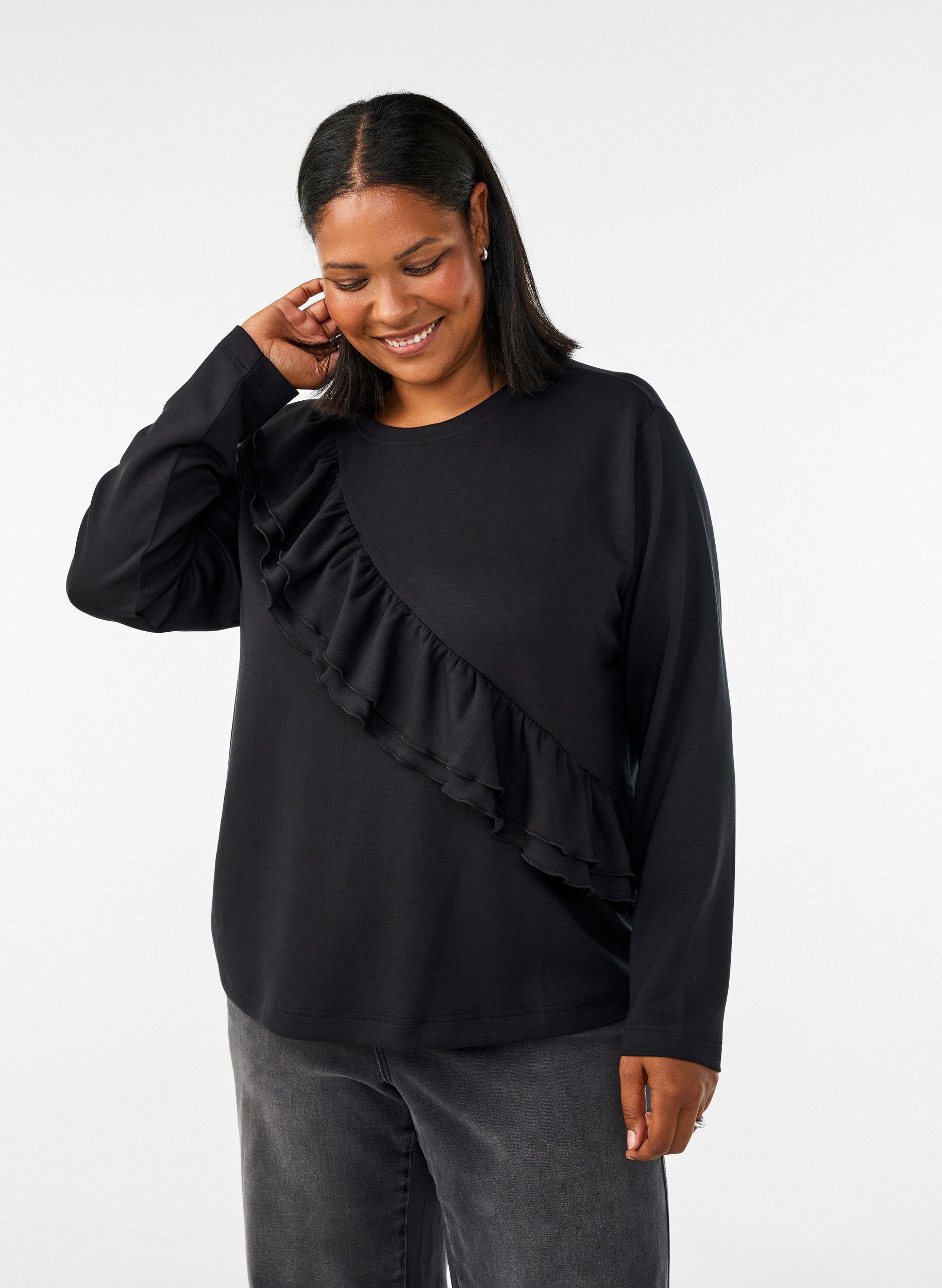 ZizziJersey bluse med diagonal rysjedetalj, Svart, Model image number 0