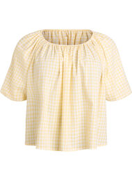 Liten rutete bluse med elastisk hals og albuelange ermer, Gul