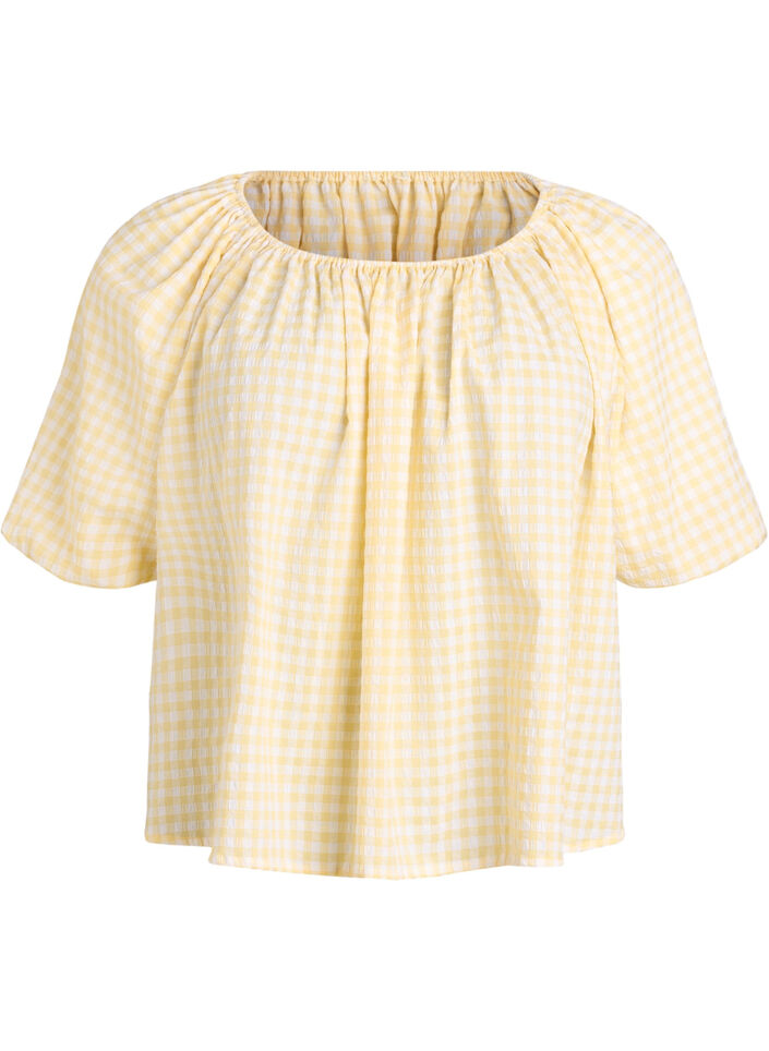 Liten rutete bluse med elastisk hals og albuelange ermer, Gul, Packshot image number 0