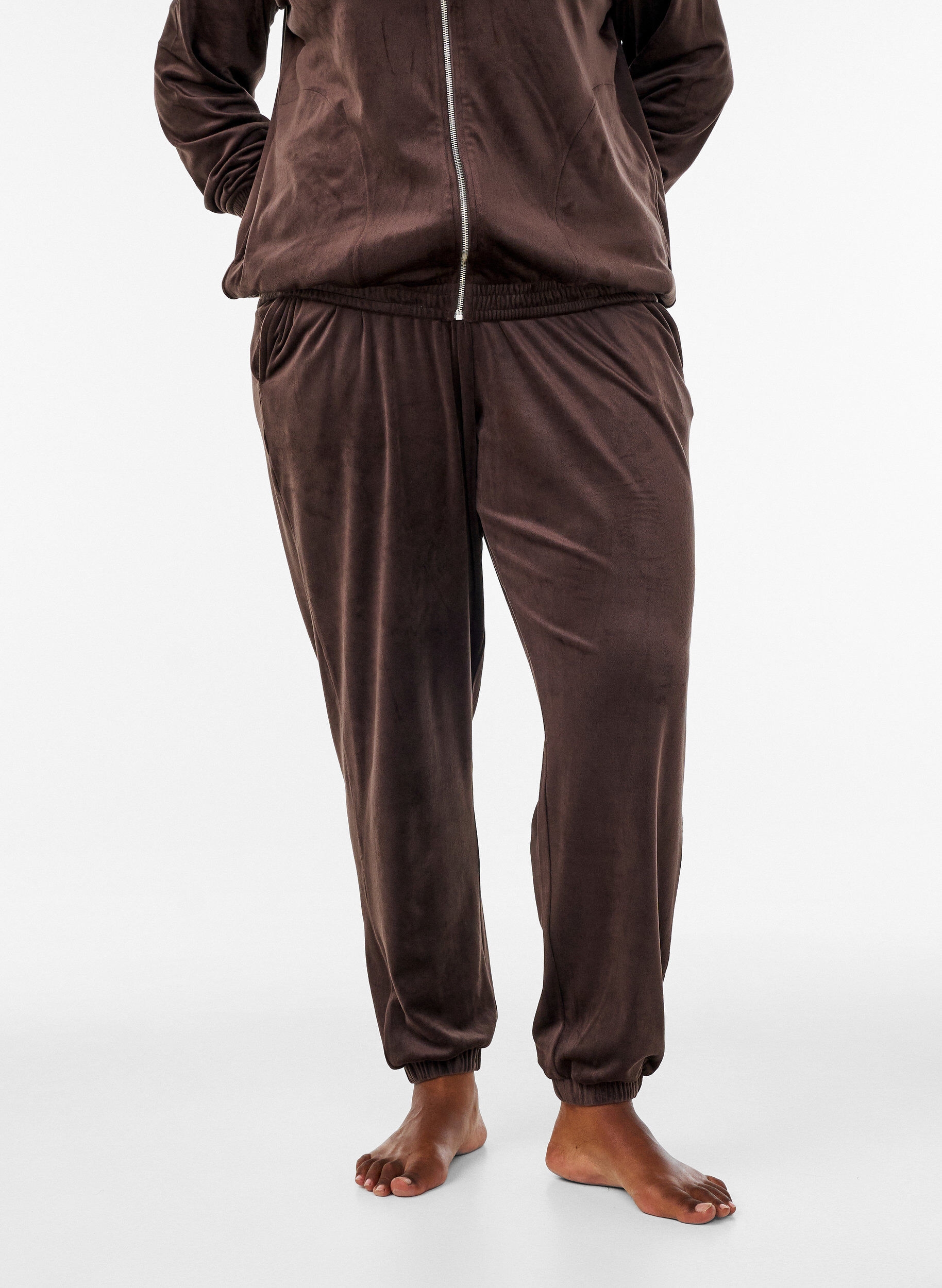 ZizziLoose fit velourbukser, Brun, Model image number 2