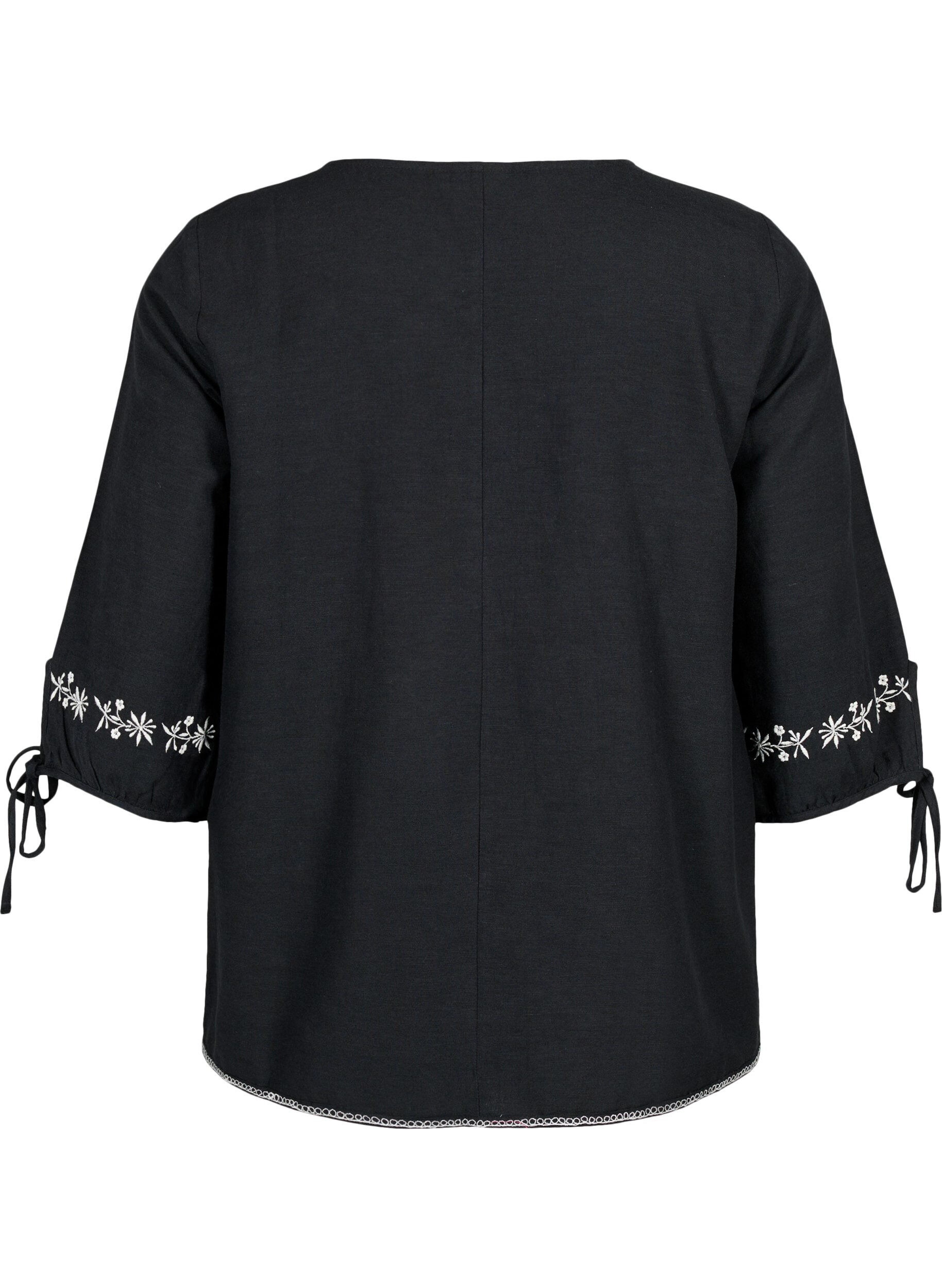 Zizzi Brodert bluse i bomullsblanding med lin, Black W. EMB, Packshot image number 1