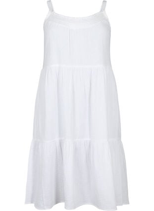 Ensfarget kjole i bomull med stropper, Bright White, Packshot image number 0
