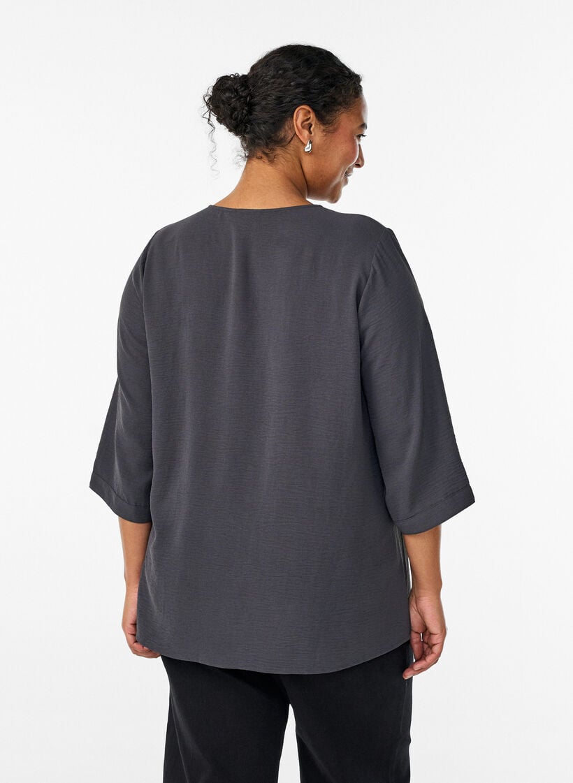 Skjortebluse med v-hals og 3/4 ermer, Gr&aring;, Model image number 2