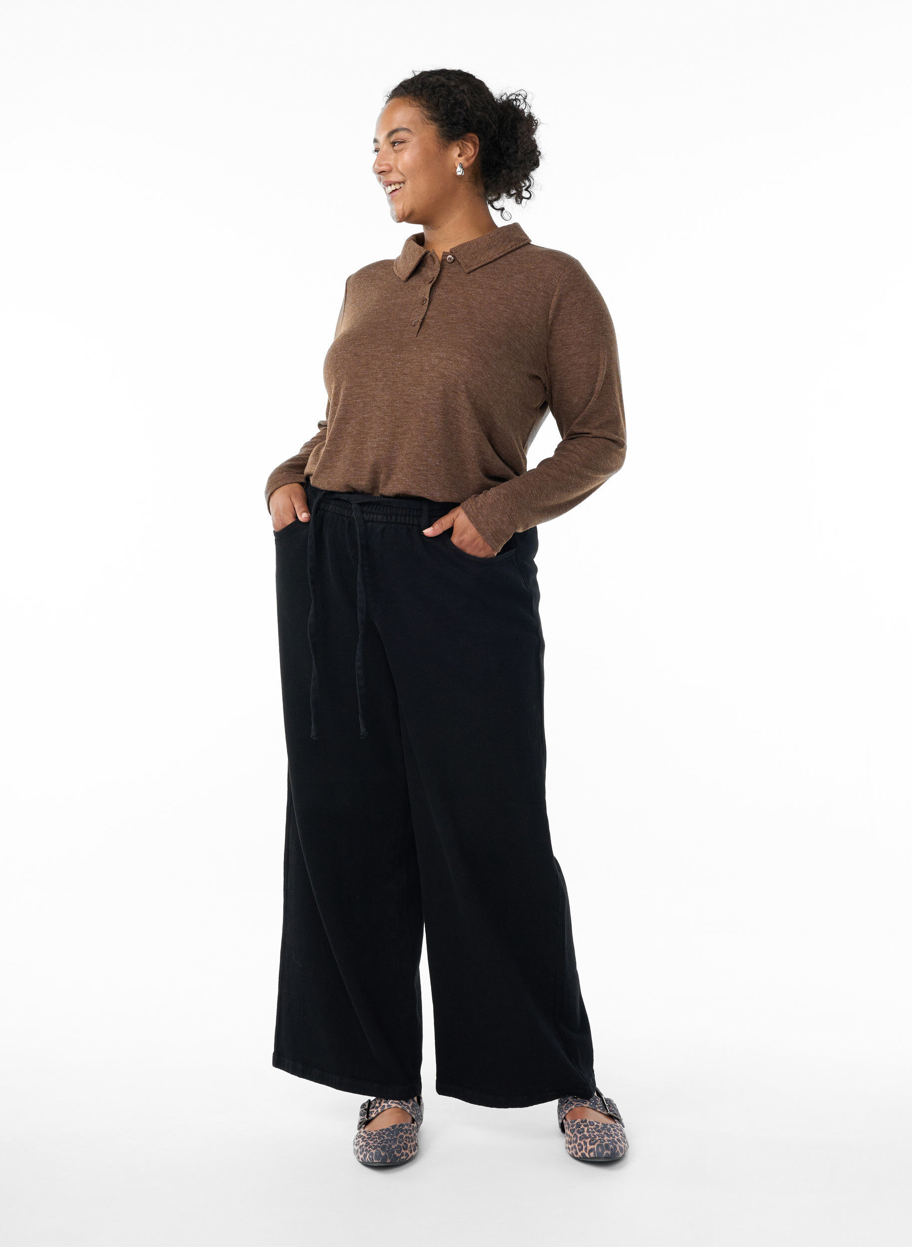 Zizzi Langermet poloskjorte i elastisk, ribbet kvalitet, Brun, Model image number 1