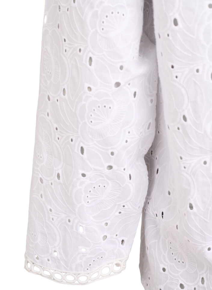 Langermet bomullsbluse med broderie anglaise, Hvit, Packshot image number 3