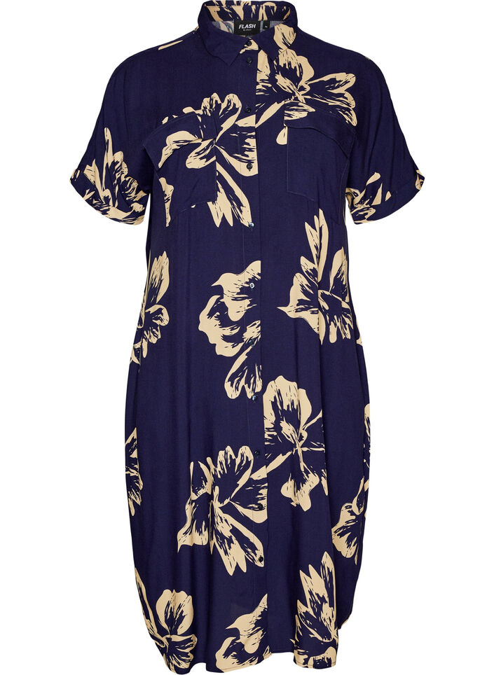 Lang skjortekjole med korte ermer, Bl&aring;, Packshot image number 0