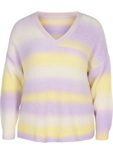 Stripete strikkegenser med V-hals, Lavender Comb., Packshot image number 0