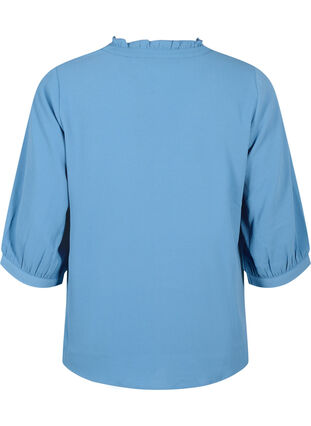 Skjortebluse med 3/4-ermer og volangkrage, Moonlight Blue, Packshot image number 1