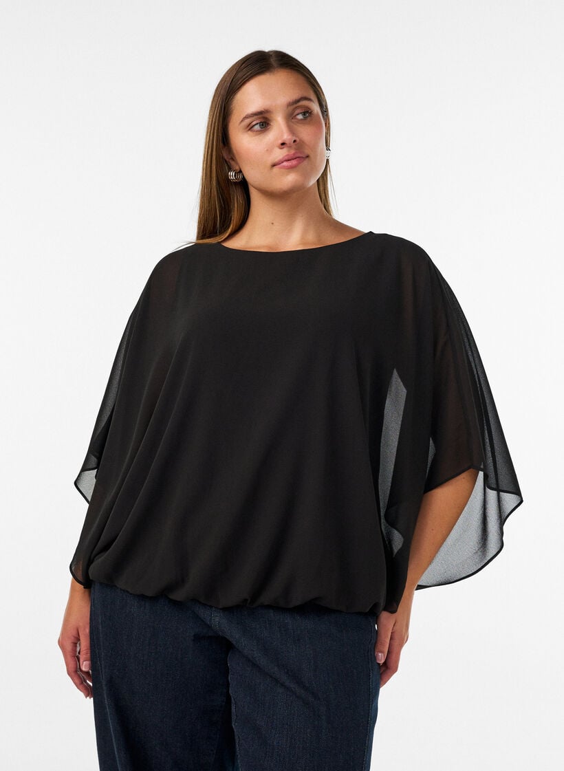 Chiffonbluse med ballongeffekt, Svart, Model image number 0