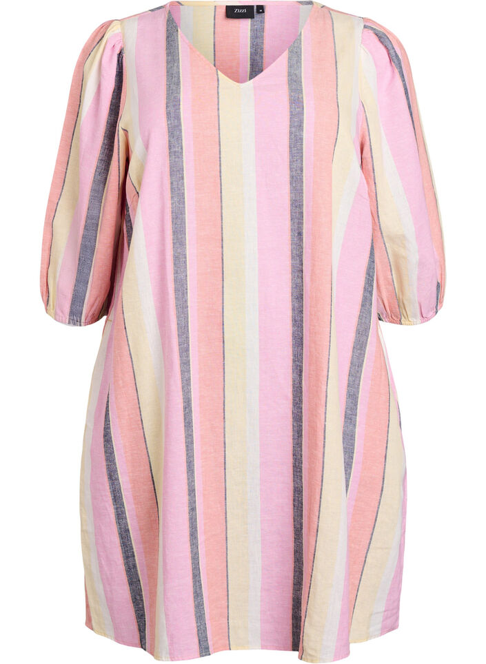 Kort kjole i lin og viskose med 3/4 ermer, Gul, Packshot image number 0