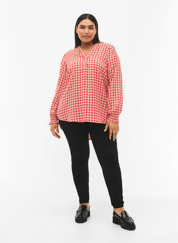 Bluse med vaffelsøm og v-utringning, Raspb. Houndsthooth, Model image number 2