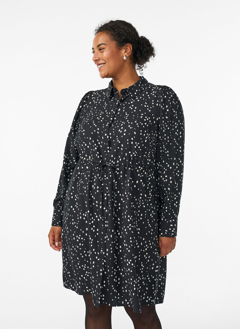 Skjortekjole med knytebelte og trykk, Svart, Model image number 0