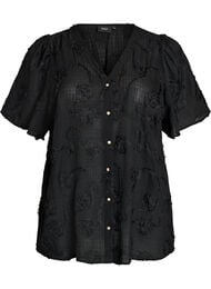 Short-sleeved shirt blouse with a 3D flower effect, Black