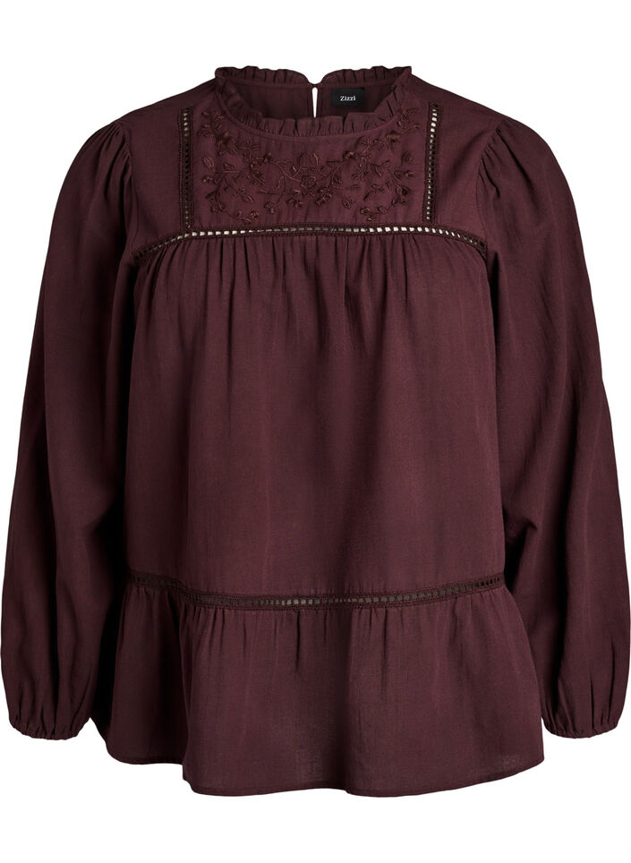 Bluse med broderi og hullbrodert kant, M&oslash;rk Bordeaux, Packshot image number 0