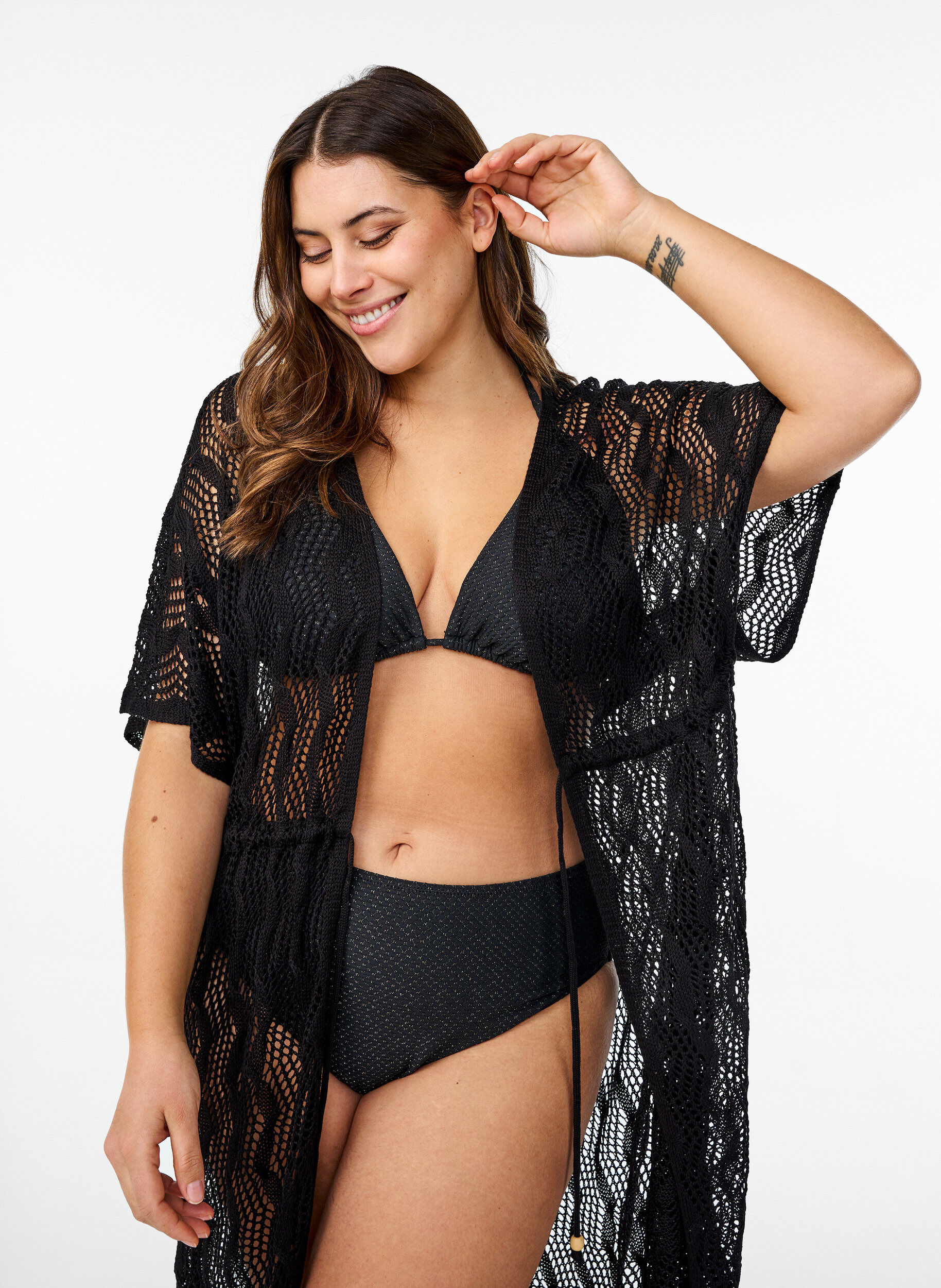 Zizzi Strandkimono med knytebelte, Svart, Model image number 2