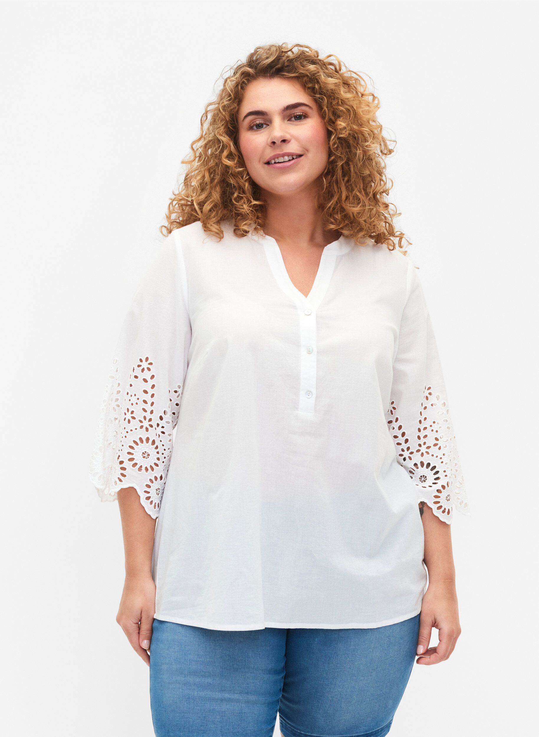 ZizziSkjortebluse med broderi anglaise og 3/4-ermer, Bright White, Model image number 0
