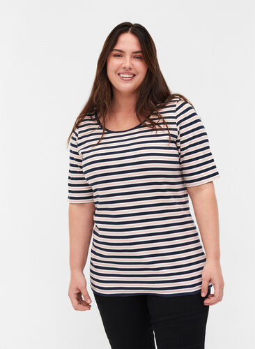 Stripete T-skjorte i bomull med ribbet struktur, Blue Rose Stripe, Model image number 0